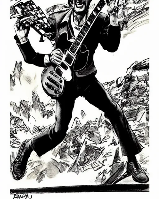 Prompt: barry chuckle ( shredding on a gibson les paul, art by glenn fabry and frank frazetta )