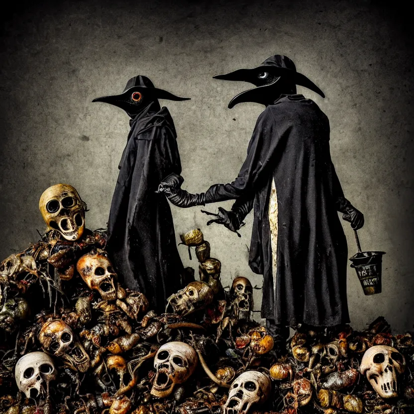 Prompt: plague doctor standing over a pile of decomposing corpses, a screaming man half - eaten by maggots, photograph by joshua hoffine, fear, morbid, nightmare, supernatural, 8 k, highly detailed, ( ( ( ( very colorful ) ) ) ), chiaroscuro, creepy, terrifying