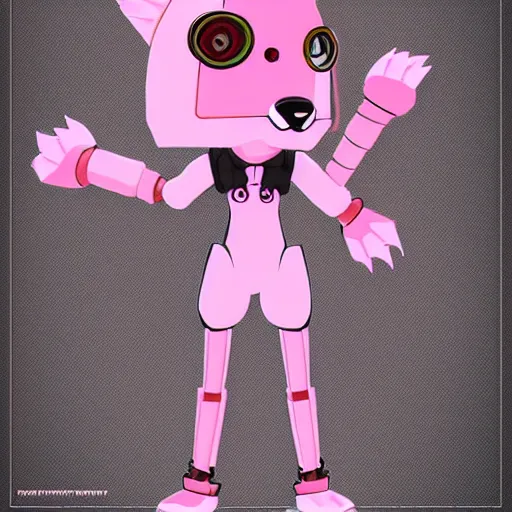 Prompt: digital art trending on artstation, pixiv, of a pink robotic fox with pink hair, character fursona furry fandom anthropomorphic reference sheet