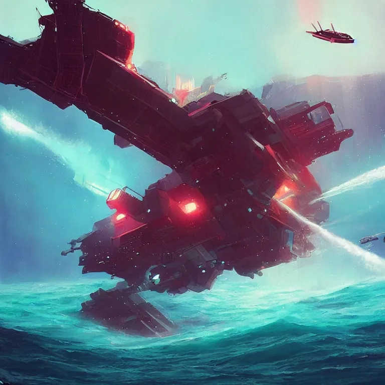 Prompt: behemoth spaceship covered in antenna that is crashing into the ocean making a huge splash, scifi concept art, by john harris, by simon stalenhag, stunning, award winning