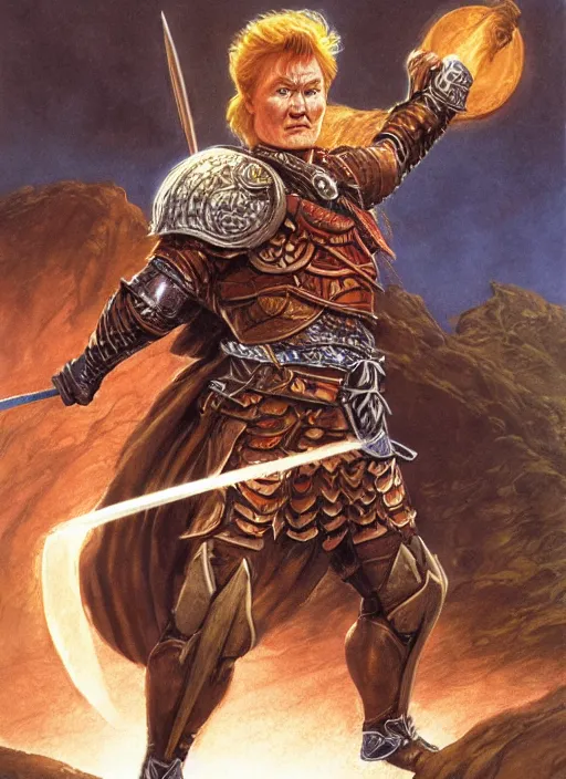 Image similar to illustration of conan o'brien as a dnd paladin with short blonde hair and big muscles, casting a protection spell, by john howe, james gurney