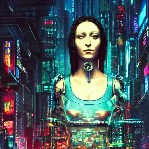 Image similar to a futuristic still of cyberpunk monalisa in a cyberpunk city, 8k, trending on artstation, highly detailed, cyberpunk monalisa cyberpunk monalisa, 8k details