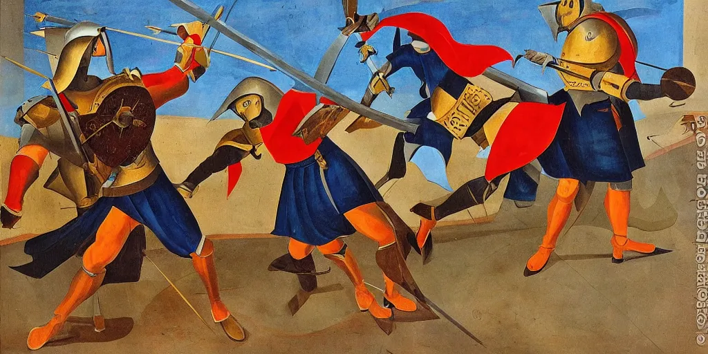 Image similar to italian futurism style painting of medieval knights dueling