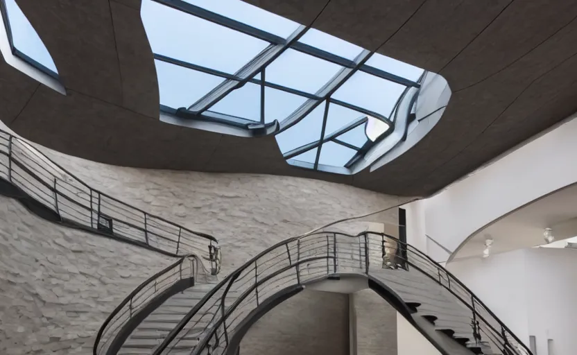 Image similar to a gallery with no walls just staircases guggenheim skylight realistic photo plaster slate