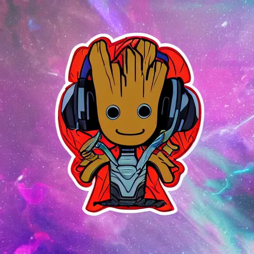 Image similar to svg sticker of a Pop-Wonder Groot-Marvel-Avenger at a rave, spinning records, giant headphones rocking out, wearing headphones, huge speakers, dancing, rave, DJ, spinning records, digital art, amazing composition, rule-of-thirds, award-winning, trending on artstation, featured on deviantart