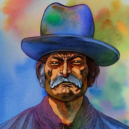 Image similar to a 3 / 4 view watercolor ink painting of an man sits and upper him old mexican magician closes his eyes, in the style of jean giraud in the style of moebius trending on artstation deviantart pinterest detailed realistic hd 8 k high resolution