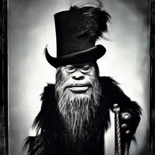 Image similar to a vintage wet plate portrait of a dignified bigfoot with a top hat and cane, extremely detailed, by philippe halsman!!!!!!!!!!!!!!!!!!