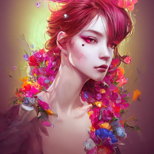 Image similar to studio portrait absurdly beautiful, elegant, lovely, young hypercolorful sensual anime woman rubies red petals gems, ultrafine hyperrealistic detailed face illustration by kim jung gi, irakli nadar, intricate linework, sharp focus, bright colors, matte, octopath traveler, final fantasy, unreal engine highly rendered, global illumination, radiant light, intricate rainbow environment