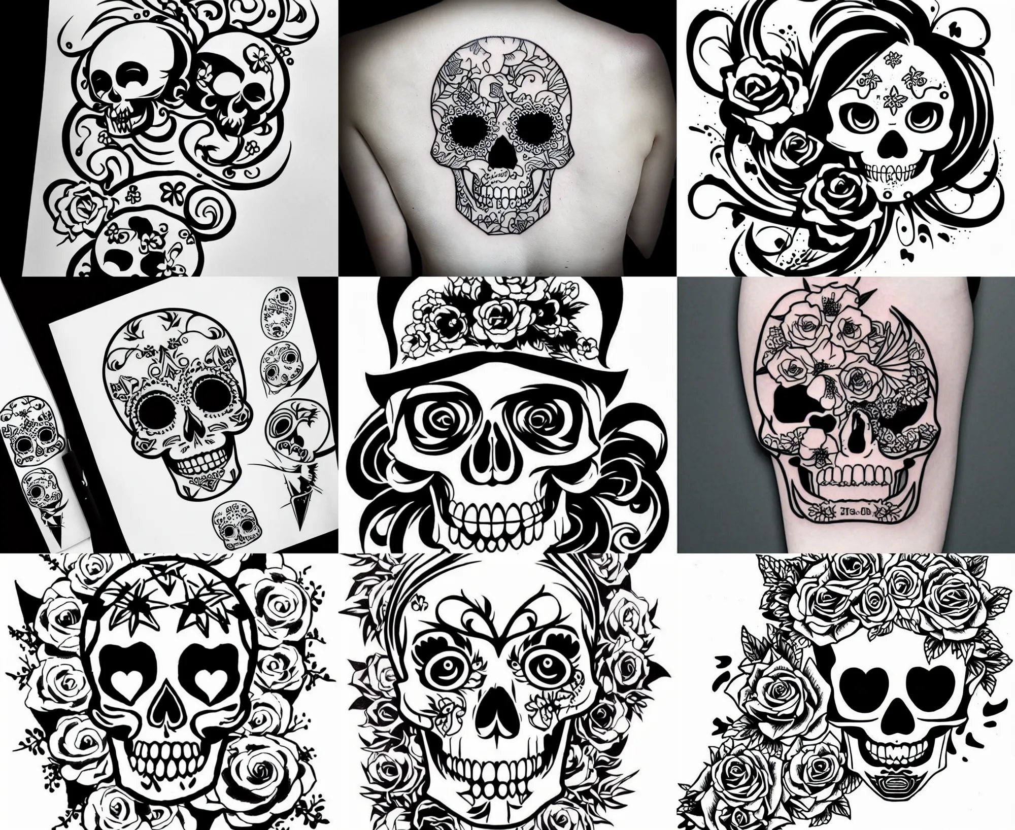 Prompt: detailed tattoo stencil bold lines, cute adorable lovely anime skull kawai