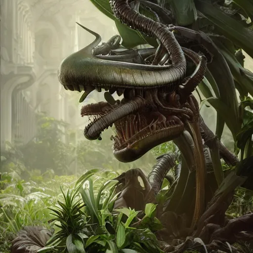 Prompt: a xenomorph made of plants, art by artgerm and greg rutkowski and alphonse mucha, concept art, octane render, unreal engine 5, highly detailed, high quality, 8 k, soft lighting, realistic face, path traced