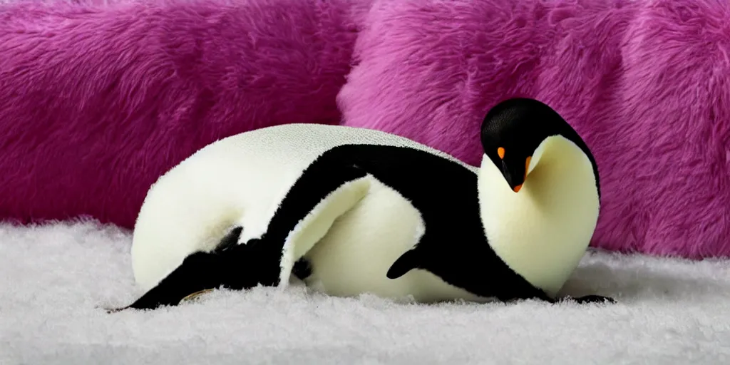 Prompt: realistic penguin sitting in a pink fluffy bed