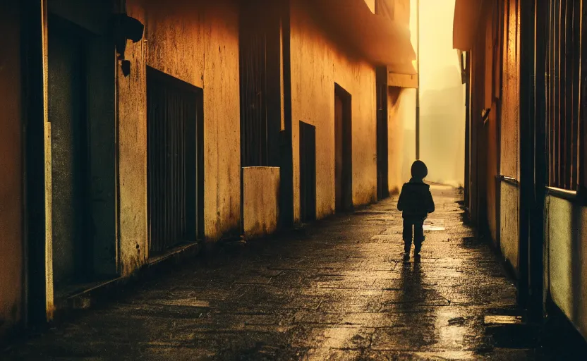 Prompt: A kid wearing a yellow raincoat walking thru a dark alley, red sky, sunset, eerie, scary, cinematic, professional photography