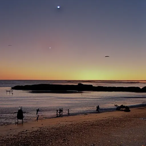 Prompt: sailboat stuck at low tide, sunset, two moons in sky, star wars ewoks on beaches, ewoks launching boat, ewoks helping, ewoks