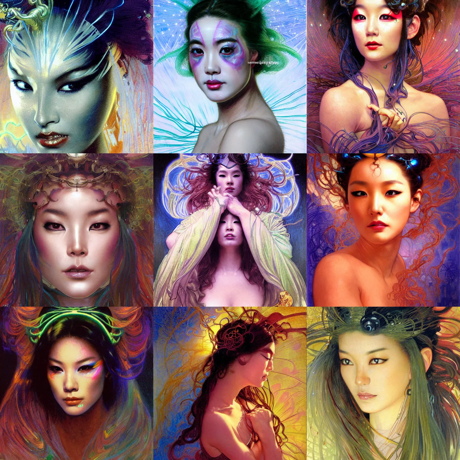 Prompt: awe-inspiring award-winning concept art face portrait painting of attractive Ashley Liao in neon shrouds as the goddess of lasers, sparks, by Julie Bell, Jean Delville, Virgil Finlay, Alphonse Mucha, Ayami Kojima, Amano, Charlie Bowater, Karol Bak, Greg Hildebrandt, Jean Delville, Frank Frazetta, Peter Kemp, and Pierre Puvis de Chavannesa, cyberpunk, extremely moody lighting, glowing light and shadow, atmospheric, shadowy, cinematic, 8K,