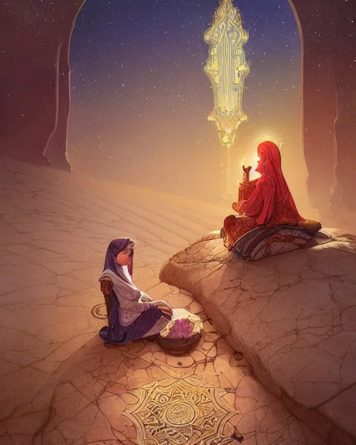 Image similar to an open quran on an old stone in the desert surrounded by nebula, highly detailed, gold filigree, romantic storybook fantasy, soft cinematic lighting, award, disney concept art watercolor illustration by mandy jurgens and alphonse mucha and alena aenami, pastel color palette, featured on artstation