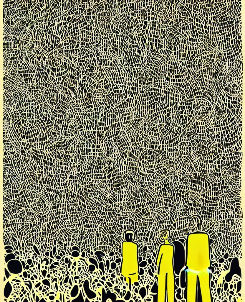 Prompt: two people standing next to each other, a screenprint by michael deforge, featured on pixiv, orphism, concert poster, woodcut, poster art