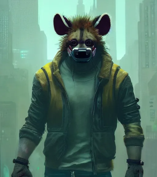 Image similar to new york city portrait of burly surly furry anthro anthropomorphic spotted hyena head animal person fursona wearing clothes strange cybernetic muzzle gloomy rainy screenshot from the video game cyberpunk 2077 digital art by Greg Rutkowski, Simon Stalenhag, christopher nolan trending on Artstation, CGSociety