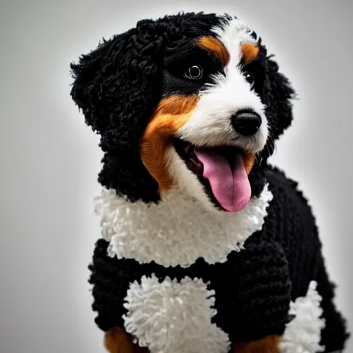 Image similar to a closeup photorealistic photograph of a cute smiling knitted bernedoodle judge dog dressed in a black gown, presiding over the courthouse. indoors, professional capture, well lit shot. this 4 k hd image is trending on artstation, featured on behance, well - rendered, extra crisp, features intricate detail, epic composition and the style of unreal engine.