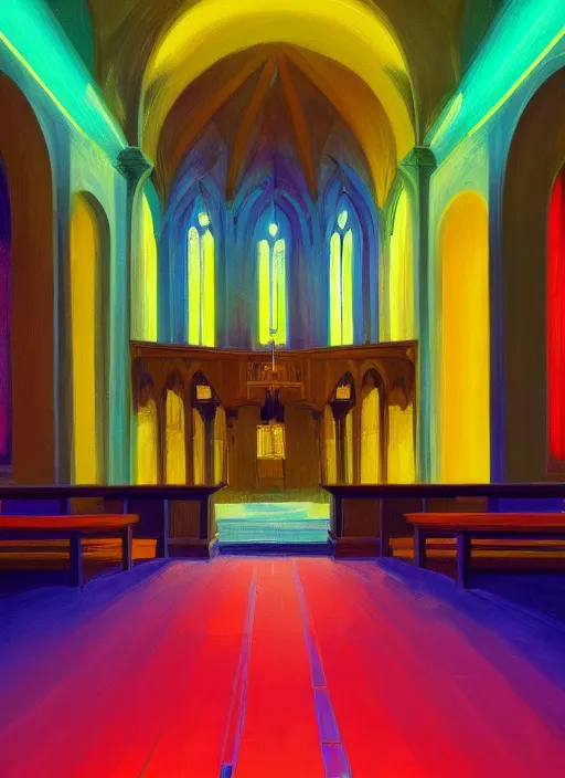 Prompt: waterfall in a church interior with neon lights painted by Edward Hopper and James Gilleard