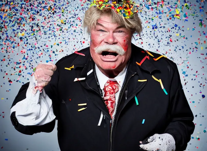 Image similar to photo still of rip taylor at a car accident scene!!!!!!!! at age 5 4 years old 5 4 years of age!!!!!!! throwing confetti from a bucket, 8 k, 8 5 mm f 1. 8, studio lighting, rim light, right side key light