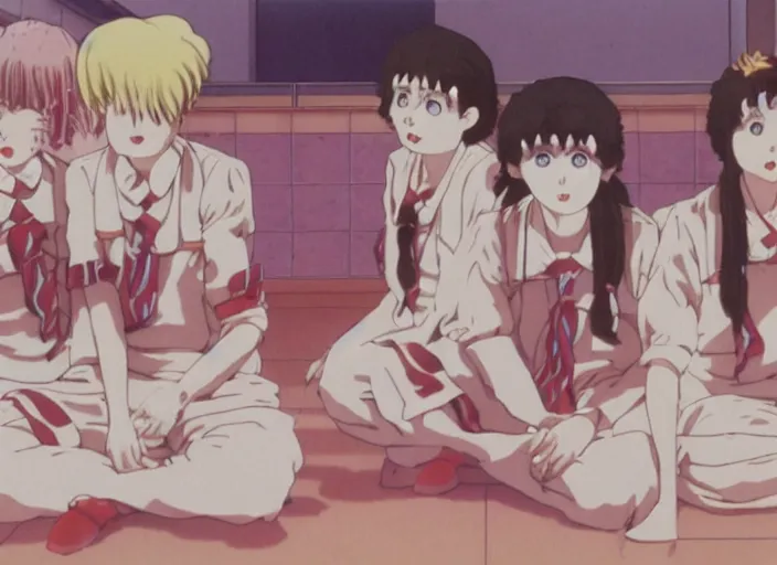 Prompt: screenshot from guro anime, 8 0's horror anime, yellowed grainy vhs footage with noise, four schoolgirls trapped in a bathroom, bathroom stalls and sinks and tiled floor, girls are in beige sailor school uniforms, one girl has white hair, detailed expressive faces, various hair colors and styles, in the style of ghibli,