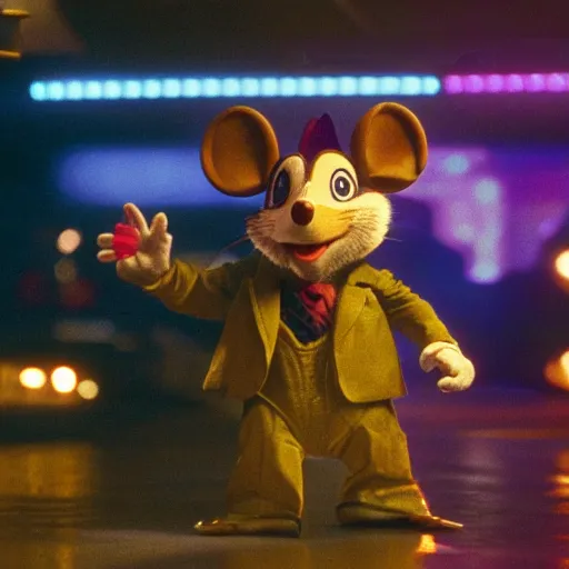 Prompt: Still of Chuck E. Cheese mouse mascot, casino interior, in the movie Blade Runner, cinematic lighting, 4k