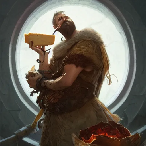 Image similar to a portrait of Viking devouring cheese, highly detailed, digital painting, artstation, concept art, sharp focus, illustration, art by artgerm and greg rutkowski and alphonse mucha