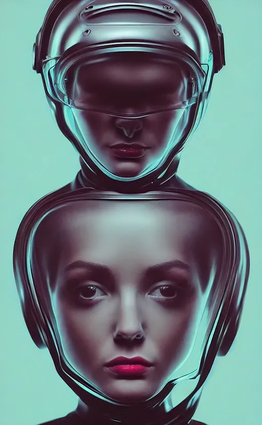 Prompt: portrait of girl wearing helmet with very tight black latex dress by Petros Afshar and Beeple, highly detailed