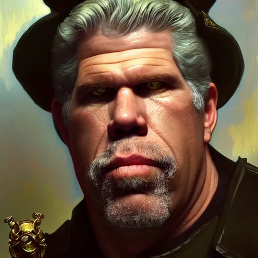 Prompt: full portrait of ron perlman as colonel wednesday bologna, fantasy, d & d, intricate, detailed, by by alphonse mucha, adolfo hohenstein, alice russell glenny, stanley artgerm lau, greg rutkowski, detailed, trending on artstation, trending on artstation, smooth