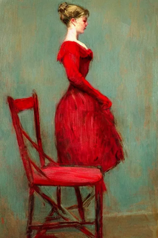 Image similar to a red dress folded over a chair. in the victorian era. in the style of american impressionism painting. triadic color scheme