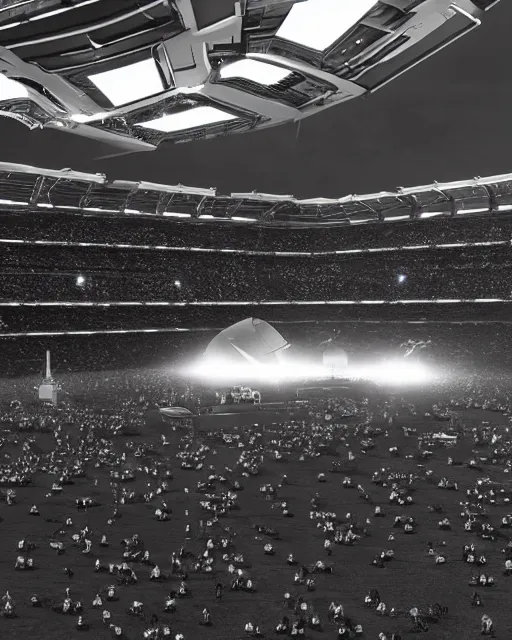 Image similar to a futuristic stadium with a giant black and white gundam on the field, the stadium has a full crowd, unreal engine, hyper realism, realistic shading, cinematic composition, realistic render, octane render, detailed textures, photorealistic, wide shot