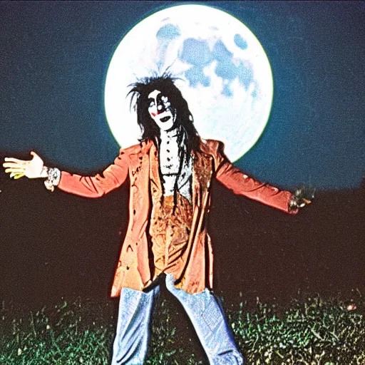 Prompt: a cinematic film still from a 1980s horror film about a Alice cooper clown, vintage, color film still, moon lighting