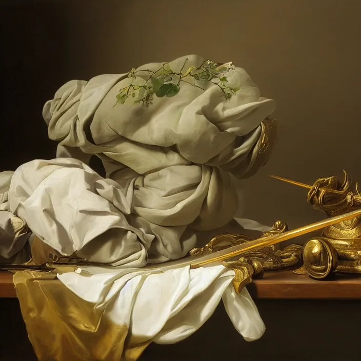 Prompt: still life painting of master sword and greenery by pieter claesz, oil on canvas, strong lighting, highly detailed, hyper realism, golden hour, god rays, hd, 4 k