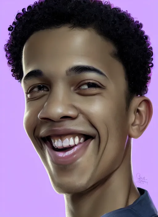 Prompt: portrait of chuck clayton, lightskin black teenage boy, very short curly hair, very short hair, short hair, strong jawline, square jaw, smile, purple button up shirt, intricate, elegant, glowing lights, highly detailed, digital painting, artstation, concept art, smooth, sharp focus, illustration, art by wlop, mars ravelo and greg rutkowski