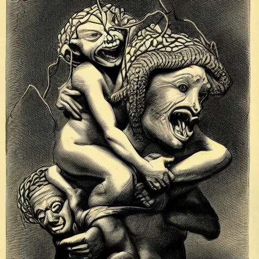 Prompt: goblin sitting on the shoulders of a blind - folded medusa, caricature, highly detailed