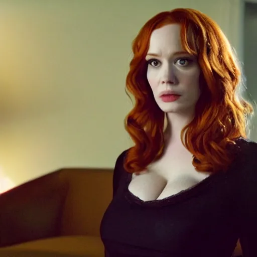 Image similar to a very surprised looking beautiful Christina Hendricks r in the living room, film still from the movie directed by Denis Villeneuve , wide lens