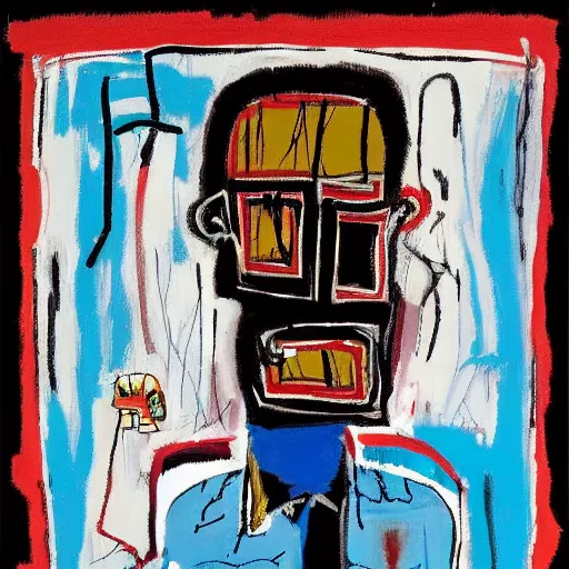 Image similar to It's morning. Sunlight is pouring through the window bathing the face of a man enjoying a hot cup of coffee. A new day has dawned bringing with it new hopes and aspirations. Painting by Basquiat, 1981