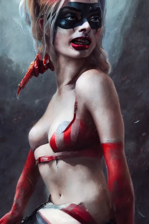 Image similar to a portrait of a Margot Robbie Harley Quinn as a succubus fully clothed by Greg Rutkowski, Sung Choi, Mitchell Mohrhauser, Maciej Kuciara, Johnson Ting, Maxim Verehin, Peter Konig, final fantasy , mythical, 8k photorealistic, cinematic lighting, HD, high details, atmospheric,