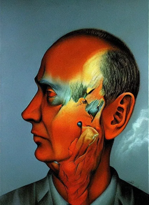 Image similar to Painting in a style of Beksinski featuring Vladimir Putin