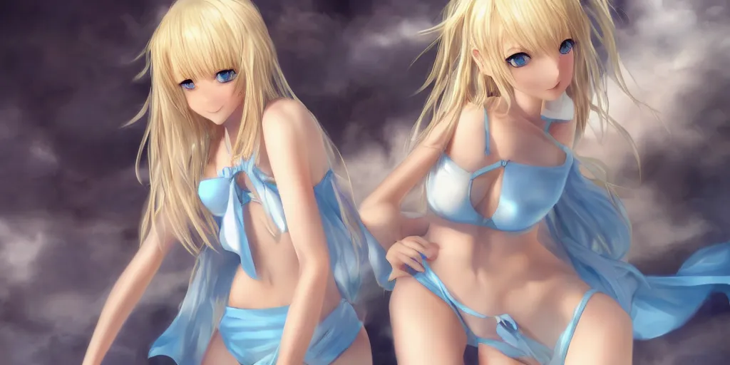 Image similar to tiny father a tall daughter picture : a very beautiful young blond anime girl, sky blue eyes, bikini, white miniskirt, highly detailed, cinematic wallpaper by stanley artgerm lau