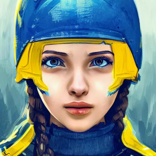 Prompt: ukrainian girl, in blue and yellow clothes, watching war, concept art, trending on artstation, highly detailed, intricate, sharp focus, digital art, 8 k