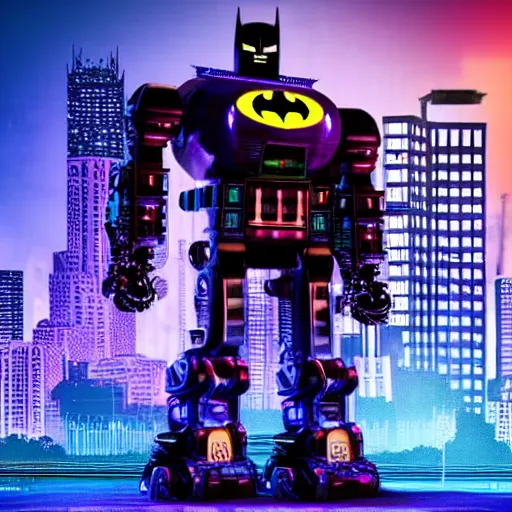 Image similar to huge robot batman on a city in midnight, glow wave