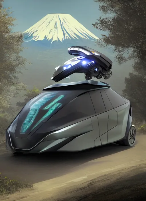 Prompt: a futuristic solarpunk tesla cyber truck vehicle hover craft in the future of 2 0 8 9 futuristic version, cyberpunk look. digital art. trending on artstation. cyberpunk look hovering by mount fuji early in the morning with a few blossom trees around, high quality photo