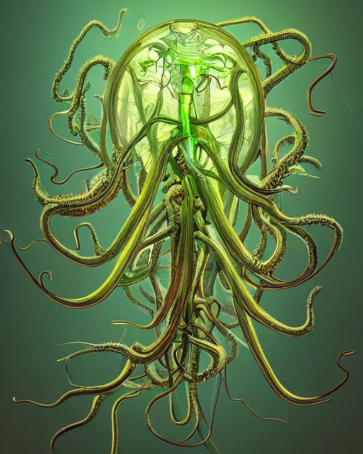 Image similar to scientific botanical illustration of beautiful alien plants with glowing parts, with slimy tentacles, trending on artstation, by james jean, hyper realistic, raytracing, rendering, synthwave color scheme