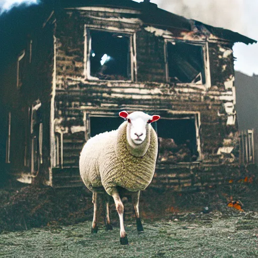 Prompt: a sheep in front of a burning house, cinestill 800t 35mm