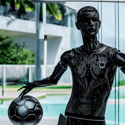 Image similar to a realistic detailed photo of a guy who is an attractive humanoid who is half robot and half humanoid, who is a male android, soccer player martin ødegaard, shiny skin, posing like a statue, blank stare, by the pool, on display, showing off his muscles, humanoid robot, frozen ice statue