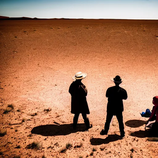 Image similar to atmospheric photograph of three ravers, two men, one woman in a trenchcoat blessing the earth, seen from behind, talking around a fire, dancefloor kismet, diverse costumes, clean composition, desert transition area, bonfire, night, australian desert, xf iq 4, symmetry, sony a 7 r, 1 5 0 mp, 5 0 mm