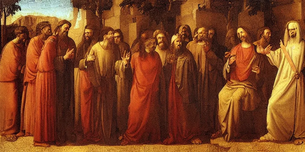 Image similar to high queality painting, jesus christ talking to the people in judea, by leonardo davinci