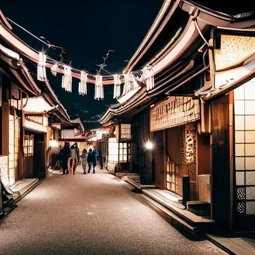 Prompt: a cozy Japanese village at night with bustling people