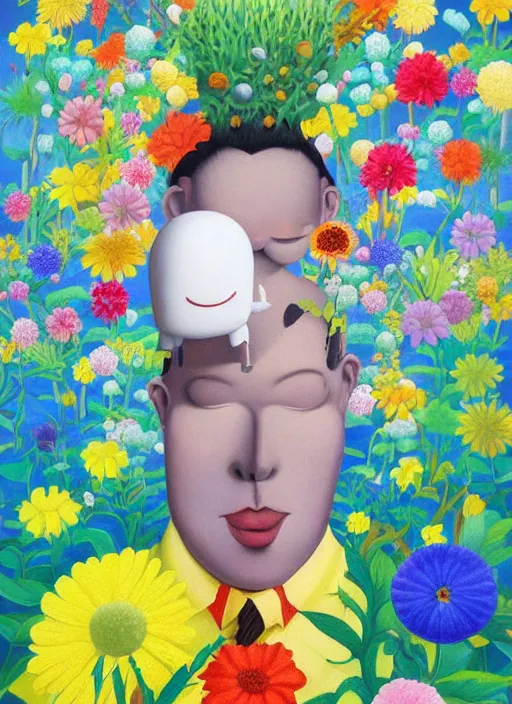 Prompt: a painting of a man with a strange hat on his head, a surrealist painting by Chiho Aoshima, behance contest winner, metaphysical painting, made of flowers, oil on canvas, detailed painting,